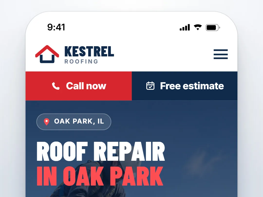 Example: a phone screen of a roofing site, Kestrel Roofing, with Call now and Free estimate buttons and the headline Roof repair in Oak Park.